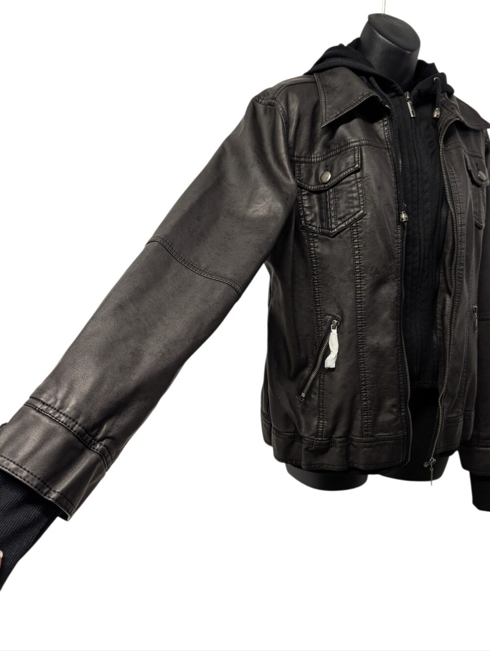LA Coalition Women's Faux Leather Hooded Moto Jacket Black Brown XL Zip Up - Picture 3 of 8